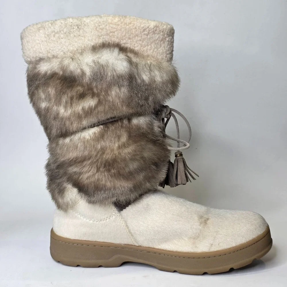 L.L. Bean Winter Snow Boots Women's Size 10 Ivory Cream Brown Faux Fur Shoes